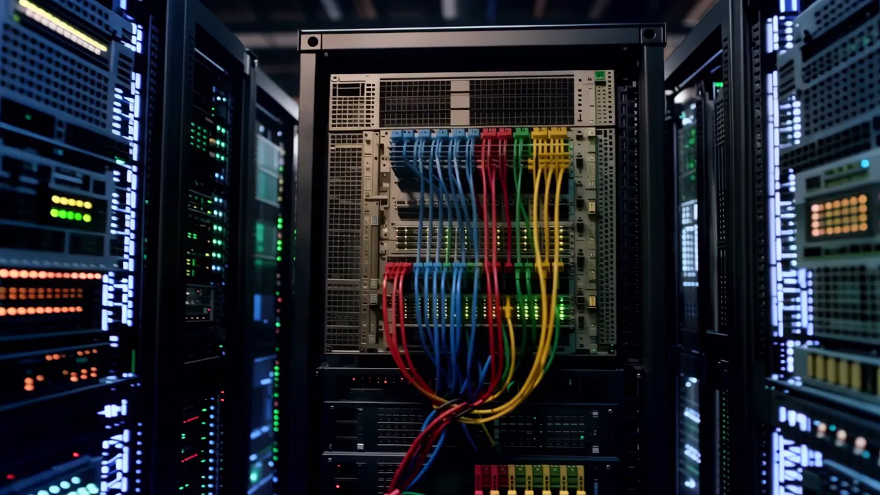 Looking Down an Aisle of Server Racks with LED Lights