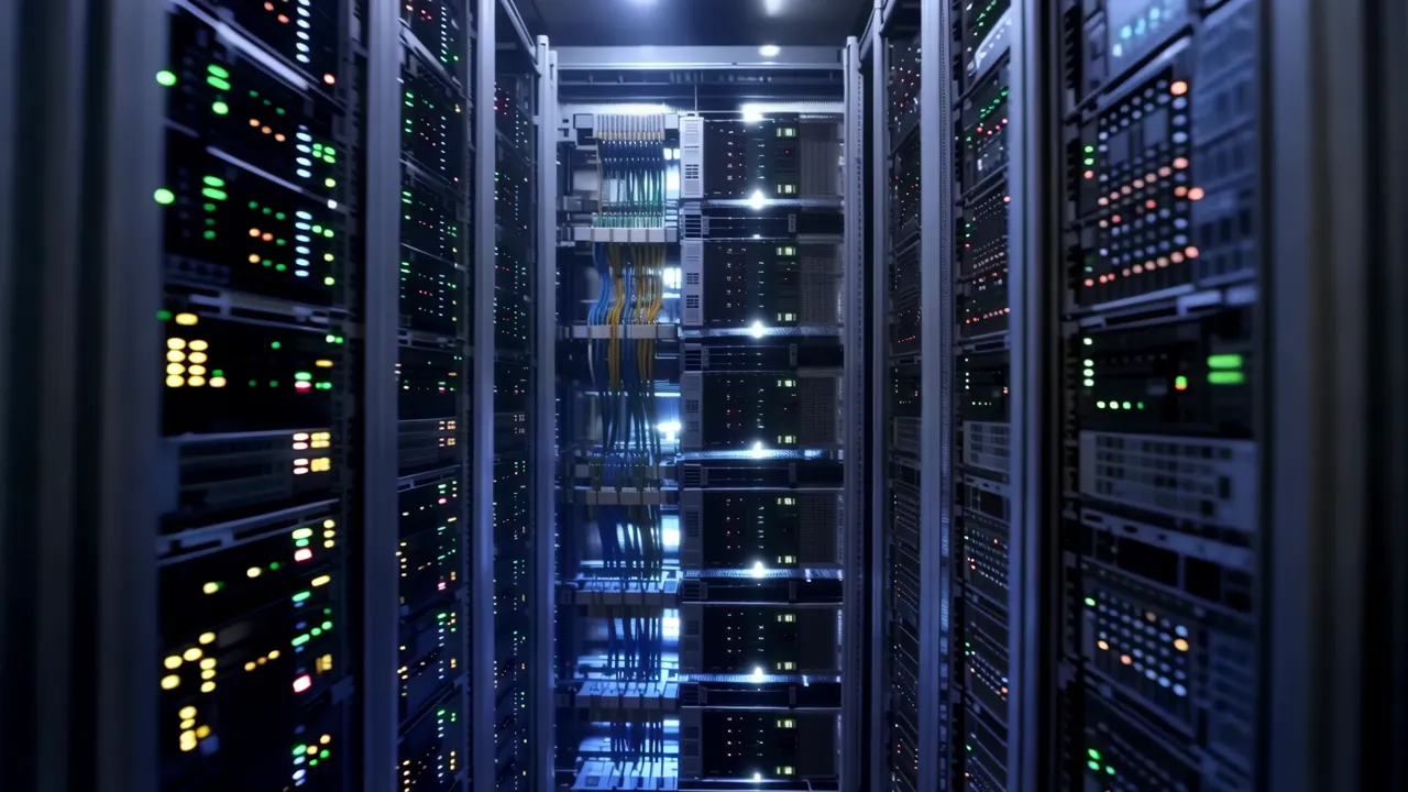 Looking Down Hot Aisle Between Server Racks with LED Lights