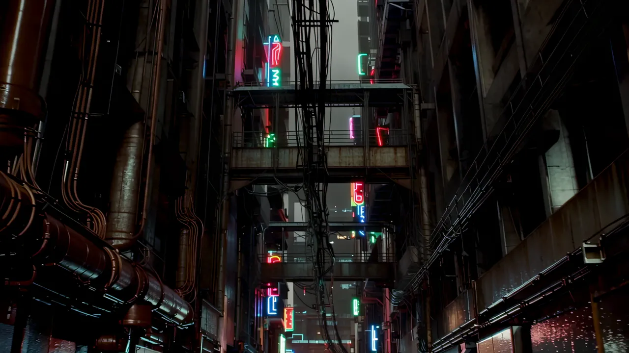 Looking Down into a Dark Street Canyon with Neon Signs