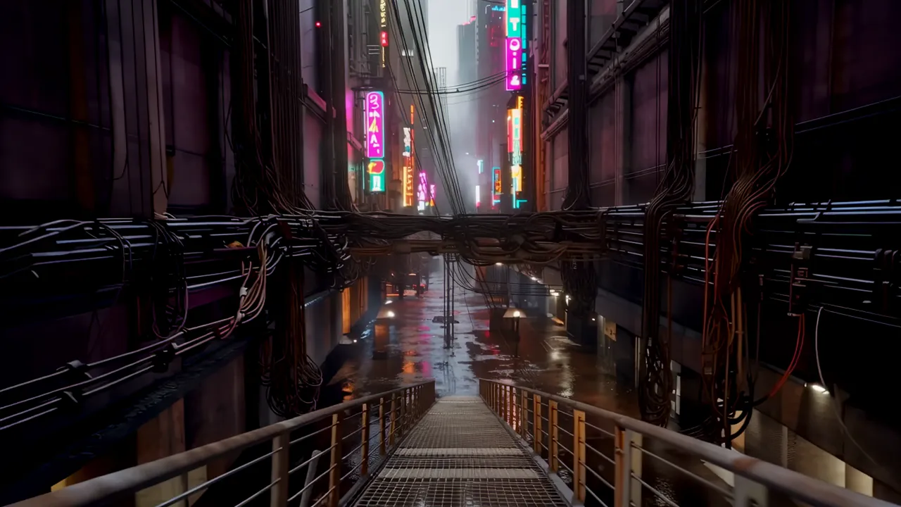 Looking Down into a Neon-Lit Street Canyon