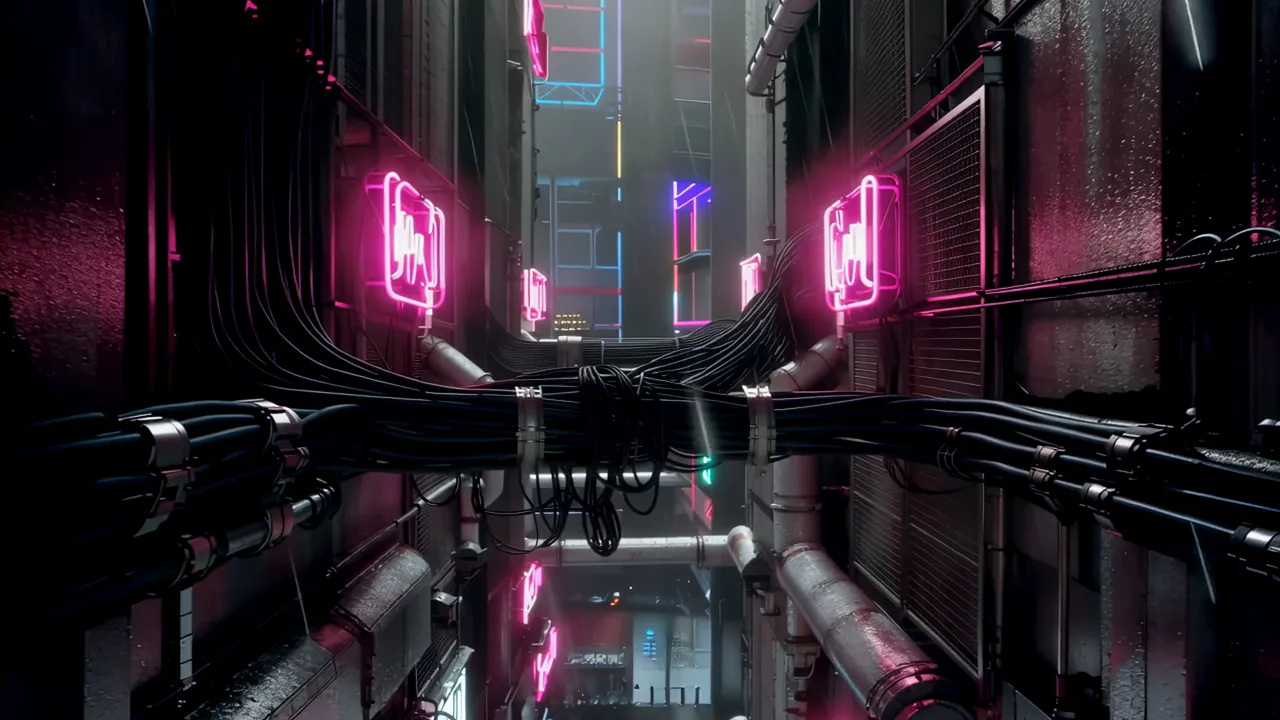 Looking Down Into a Neon-Lit Street Canyon