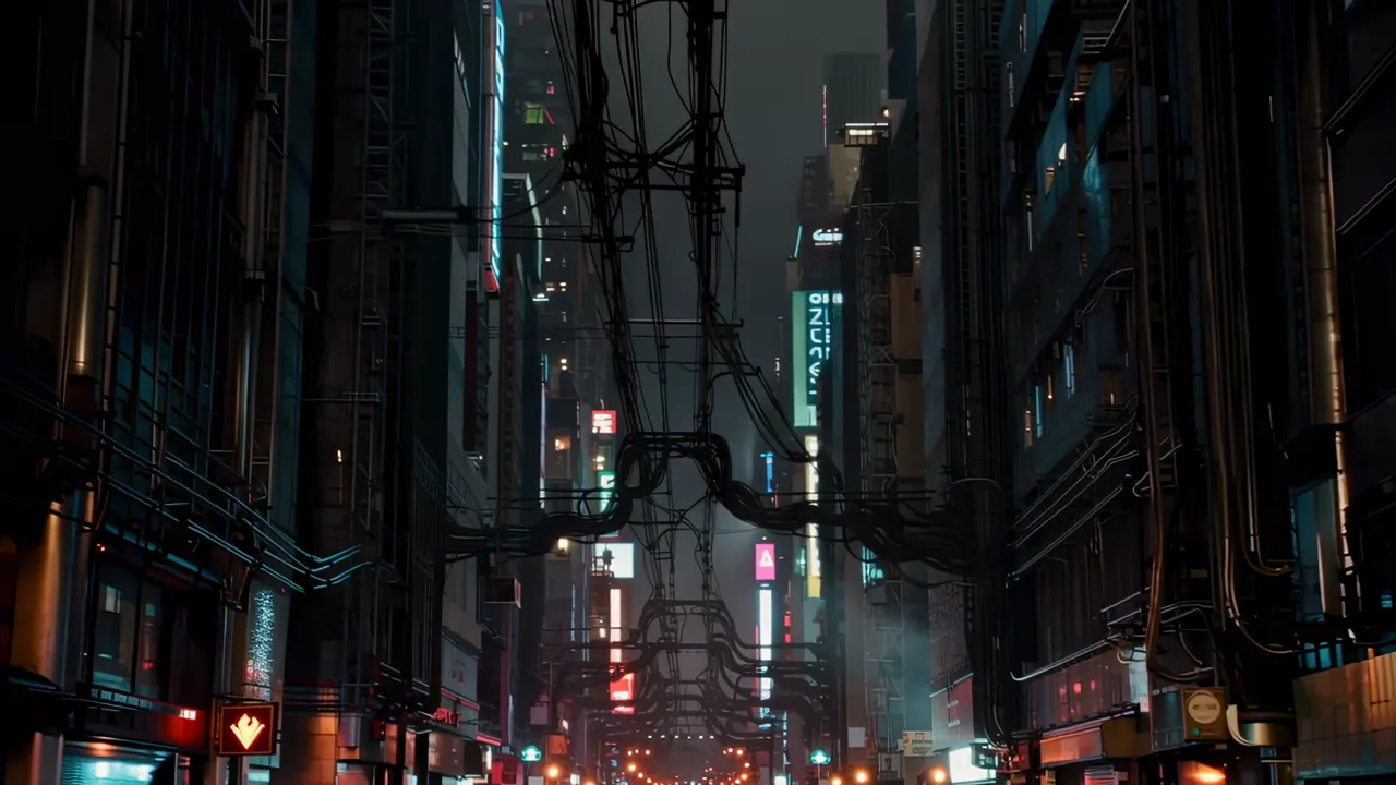 Looking Upward from a Dark Street Canyon with Neon Lights