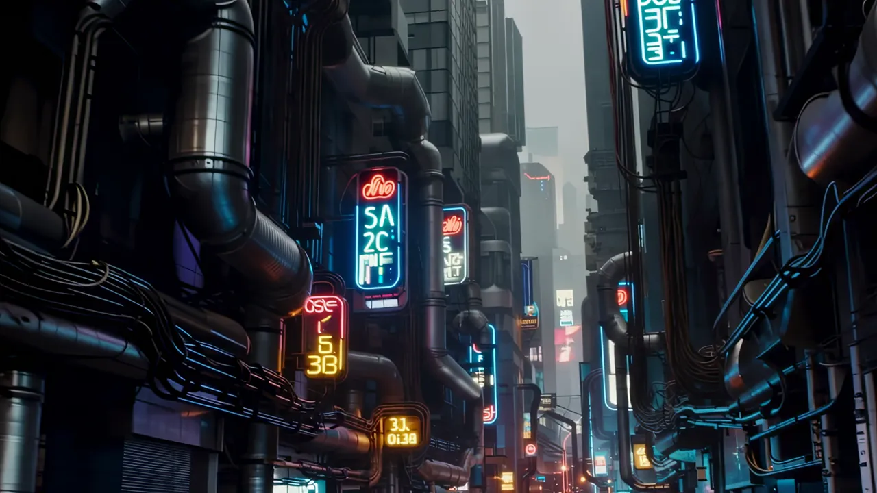 Looking Upward in a Dark City Canyon with Neon Lights