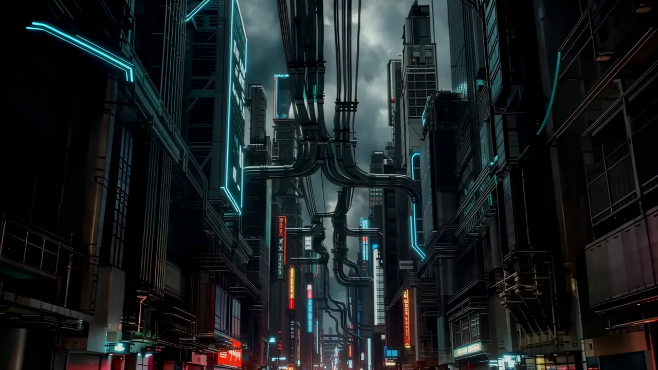 Looking Upward in a Dark Street Canyon with Neon Lights