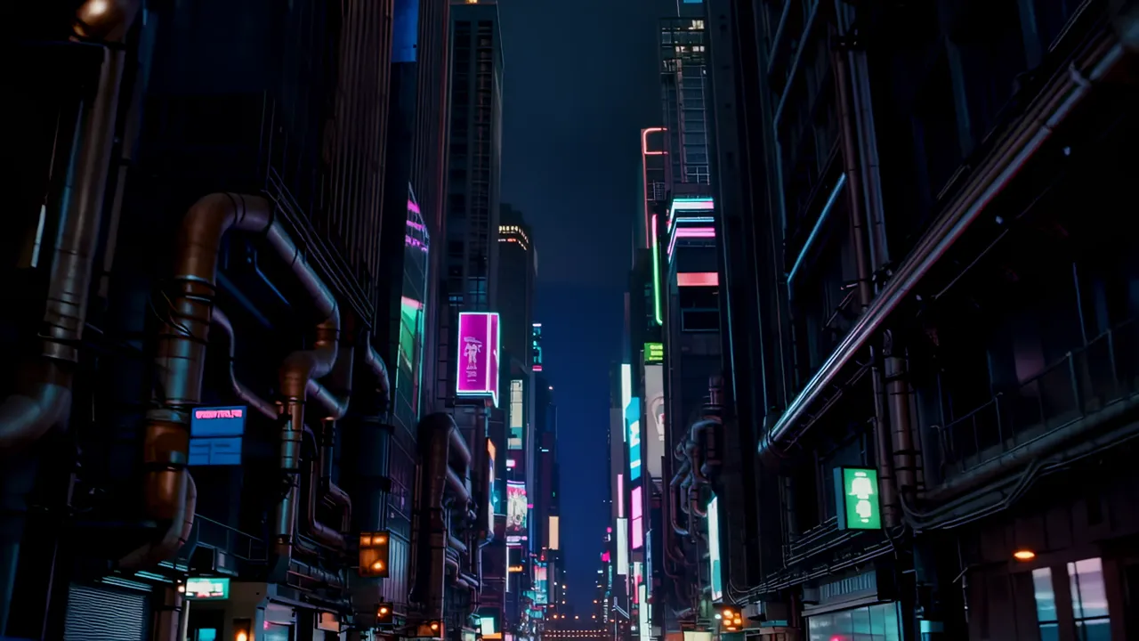 Looking Upward in a Dark Urban Canyon with Neon Signs