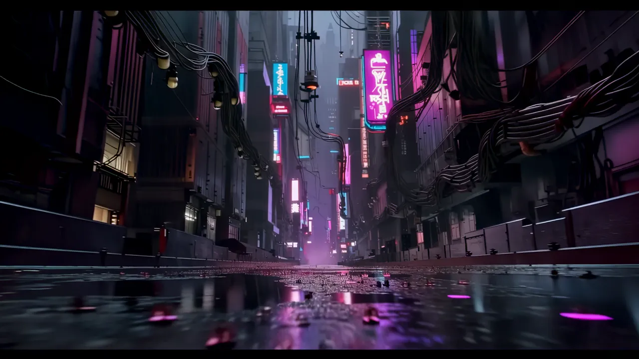 Looking Upward in a Neon-Lit Urban Canyon