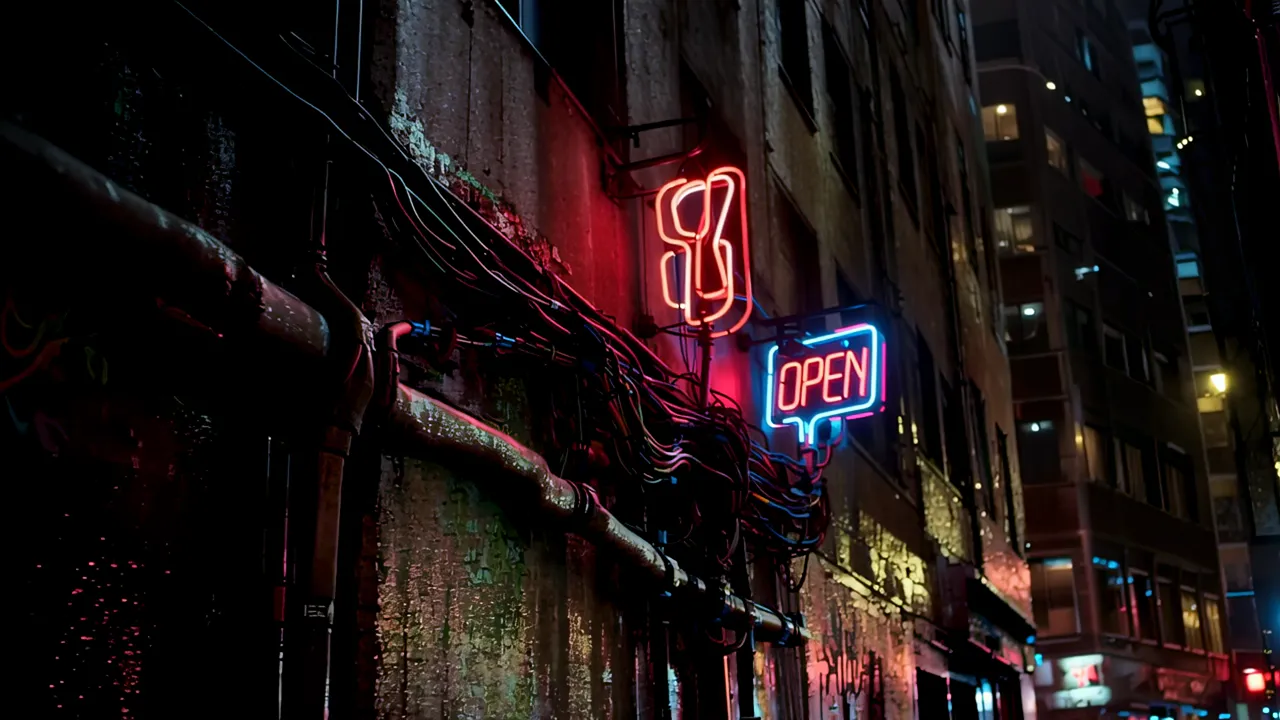 Looking Upward in a Neon-Lit Urban Canyon