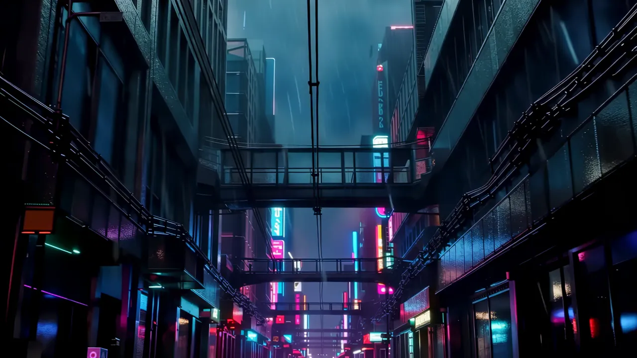 Looking Upward in a Rainy Neon Street Canyon