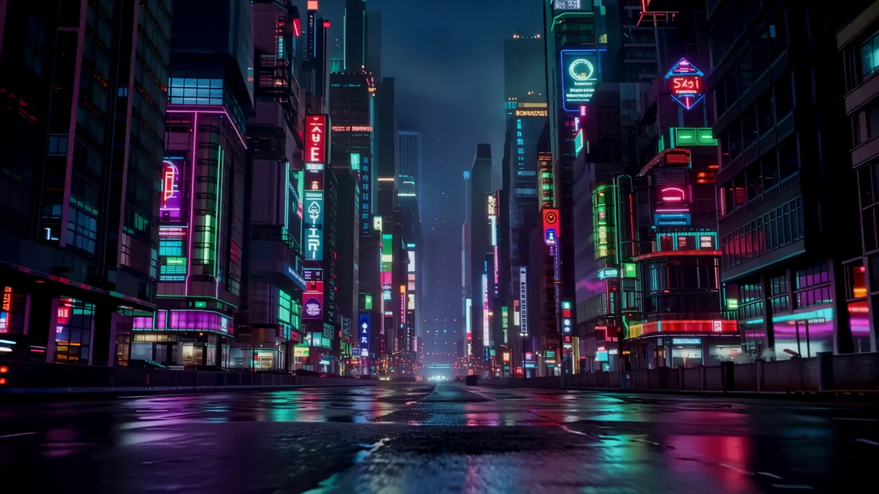 Looking Upwards in a Neon-Lit Urban Canyon
