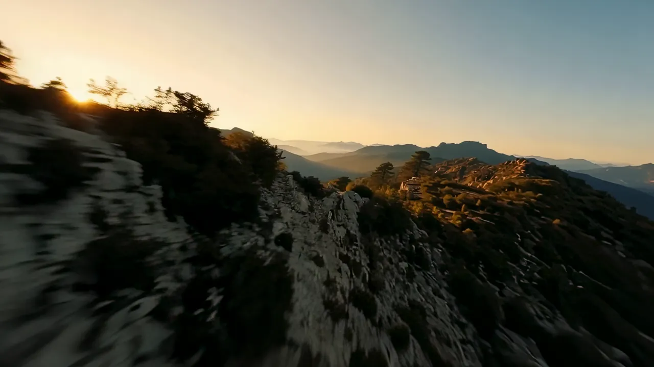 Low Altitude Drone Flight Over Mountain Ridge at Sunrise