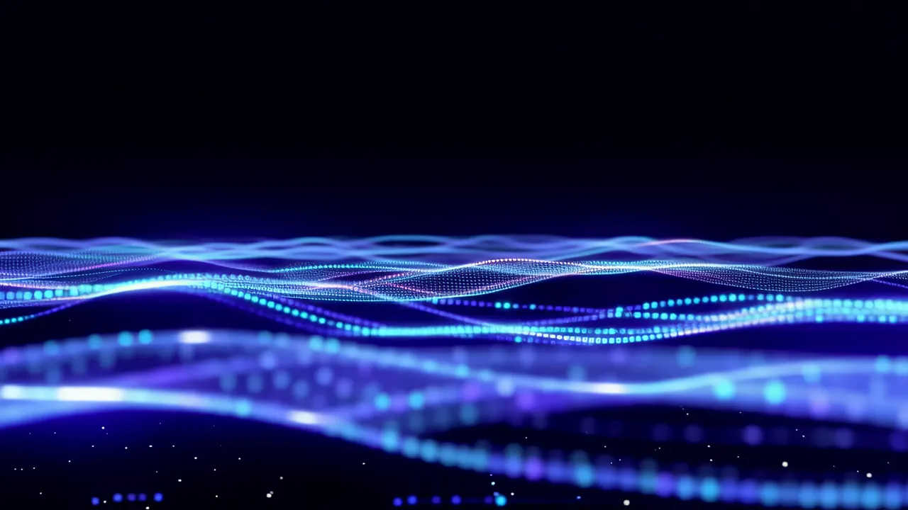 Luminous Blue Data Flowing Through Dark Digital Layers