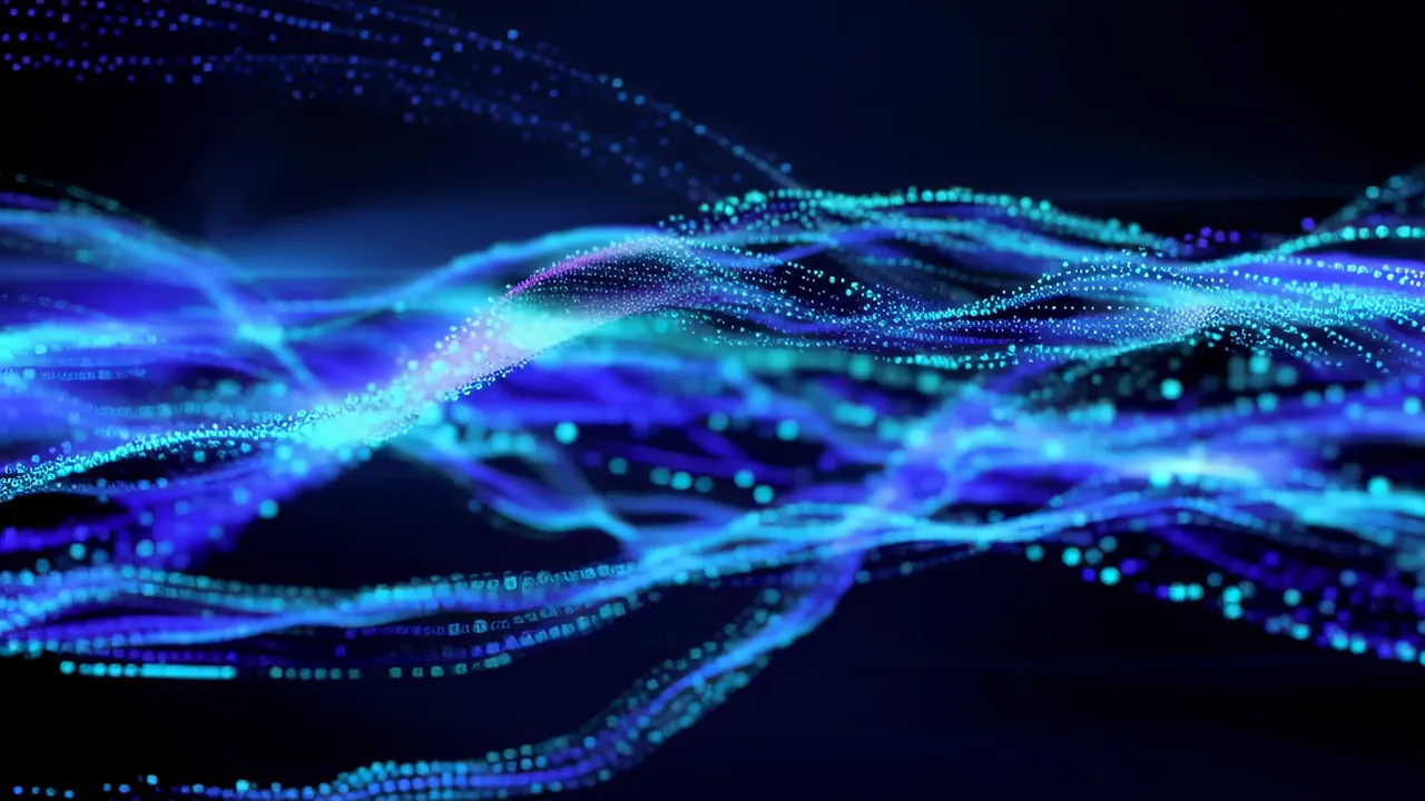 Luminous Blue Data Flowing Through Dark Digital Layers