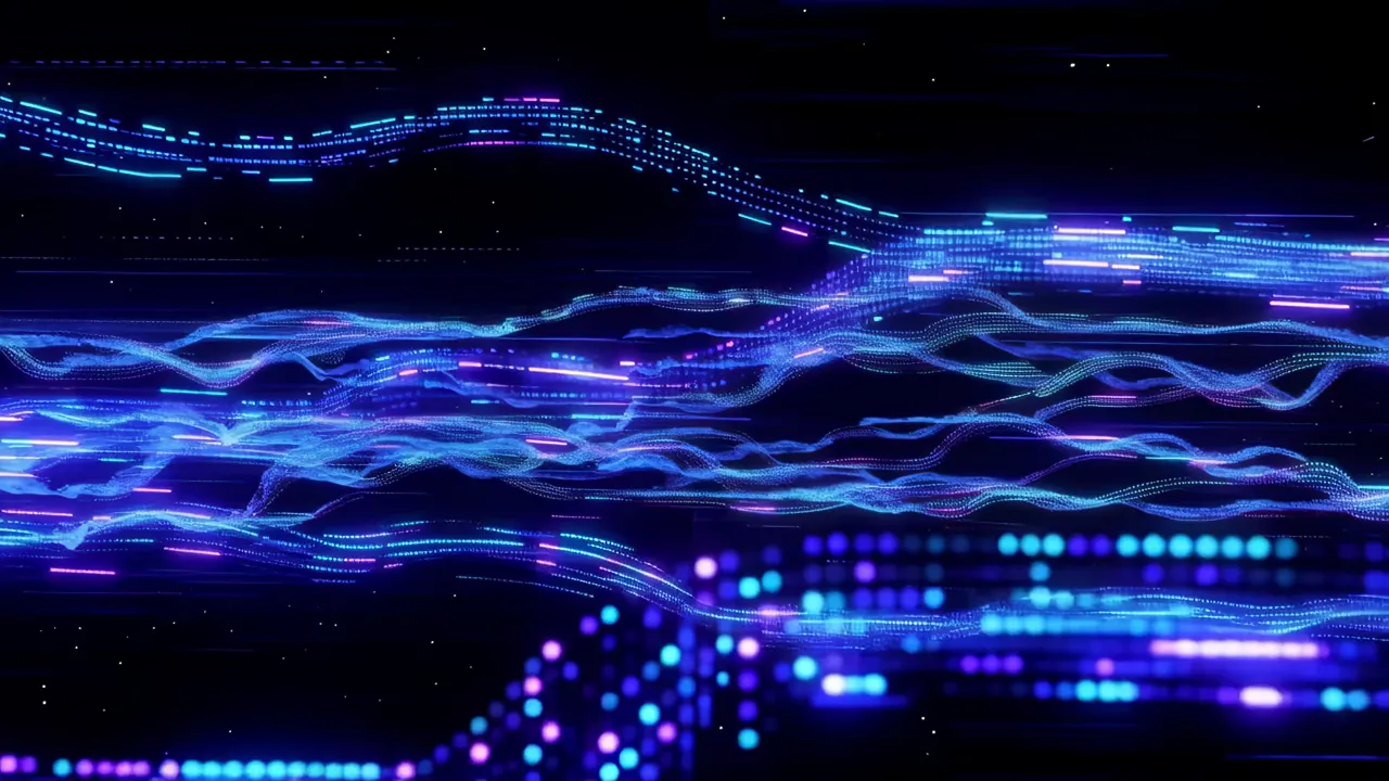 Luminous Blue Data Flowing Through Digital Landscape