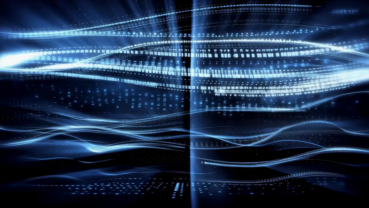 Luminous Blue Data Waves Flowing Through Dark Background