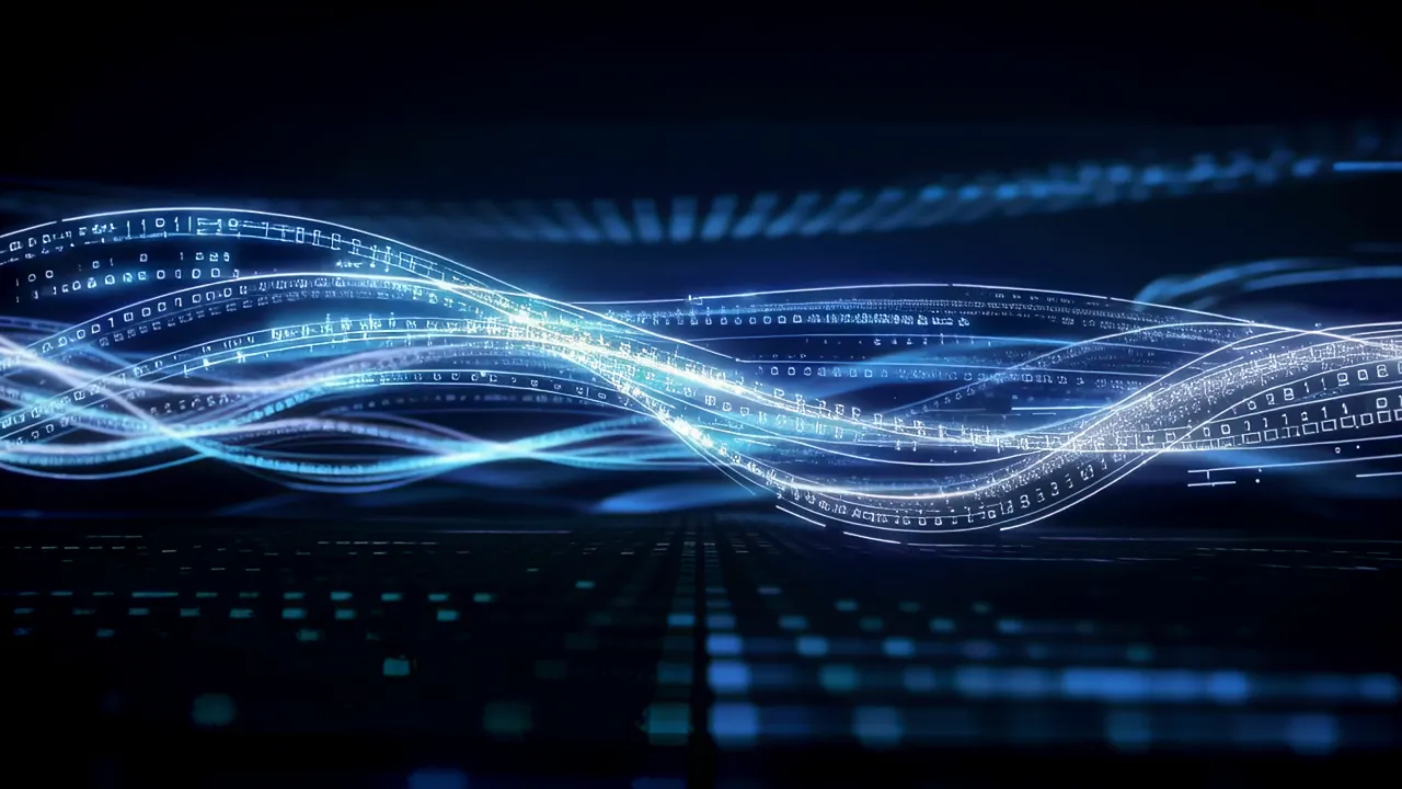 Luminous Blue Data Waves Flowing Through Dark Background