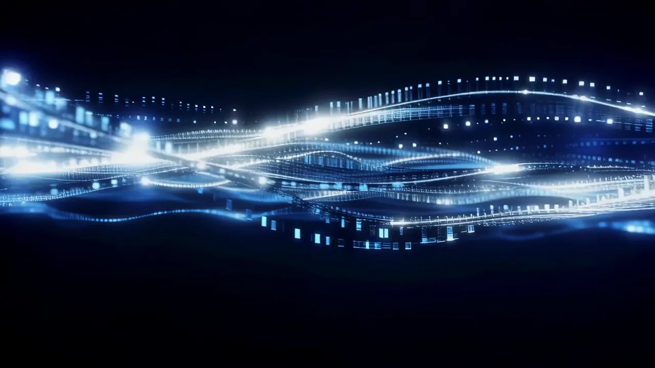 Luminous Blue Data Waves Flowing Through Dark Background