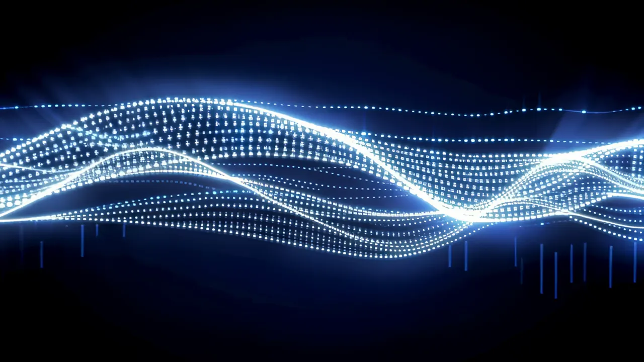 Luminous Blue Data Waves Flowing Through Dark Background