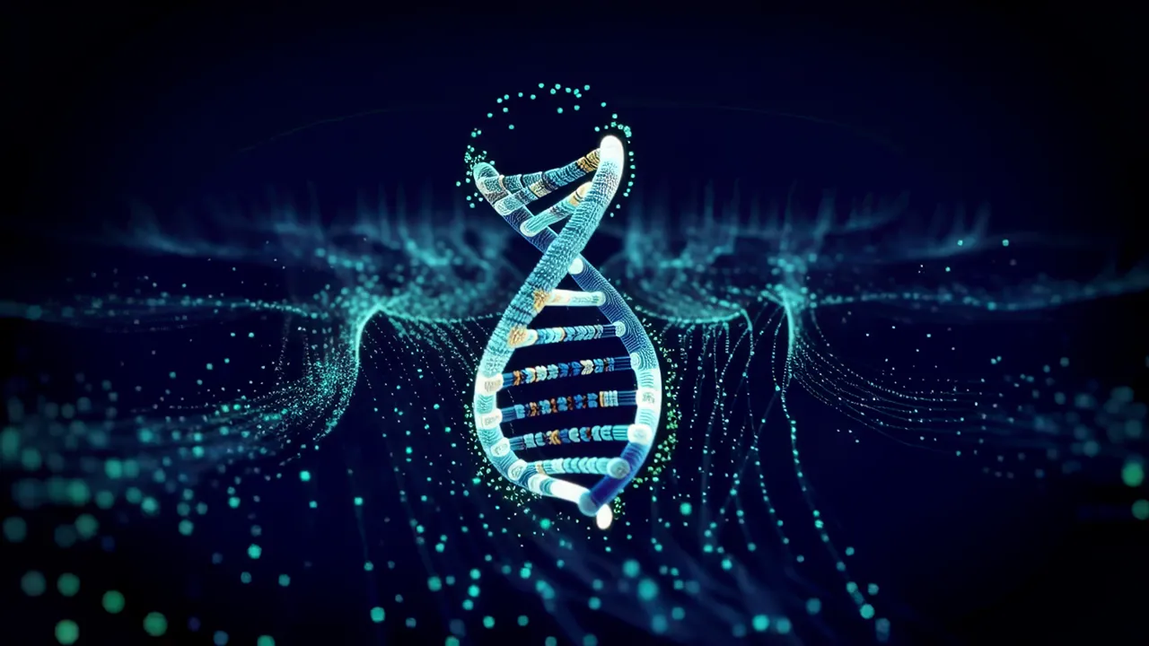 Luminous Blue DNA Double Helix with Data Particles