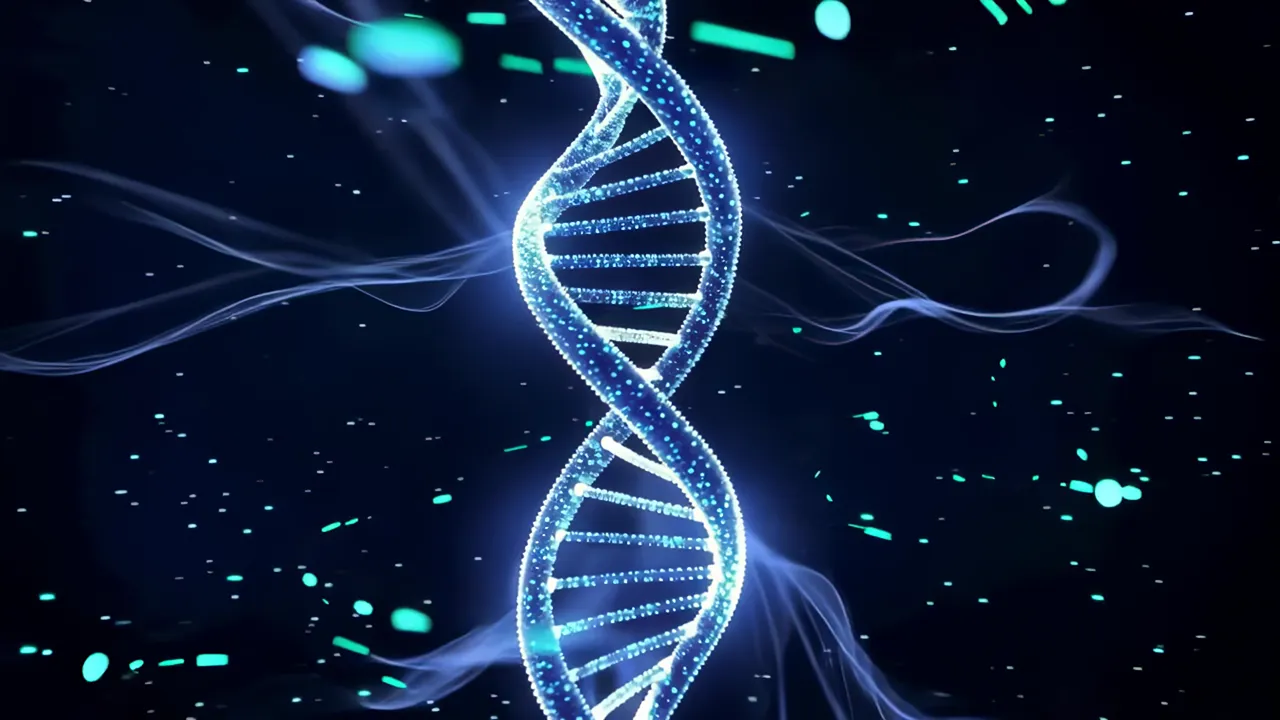 Luminous Blue DNA Double Helix with Data Particles