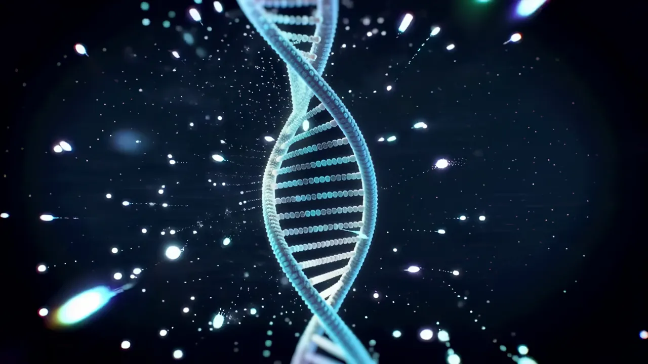 Luminous Blue DNA Double Helix with Orbiting Data Particles