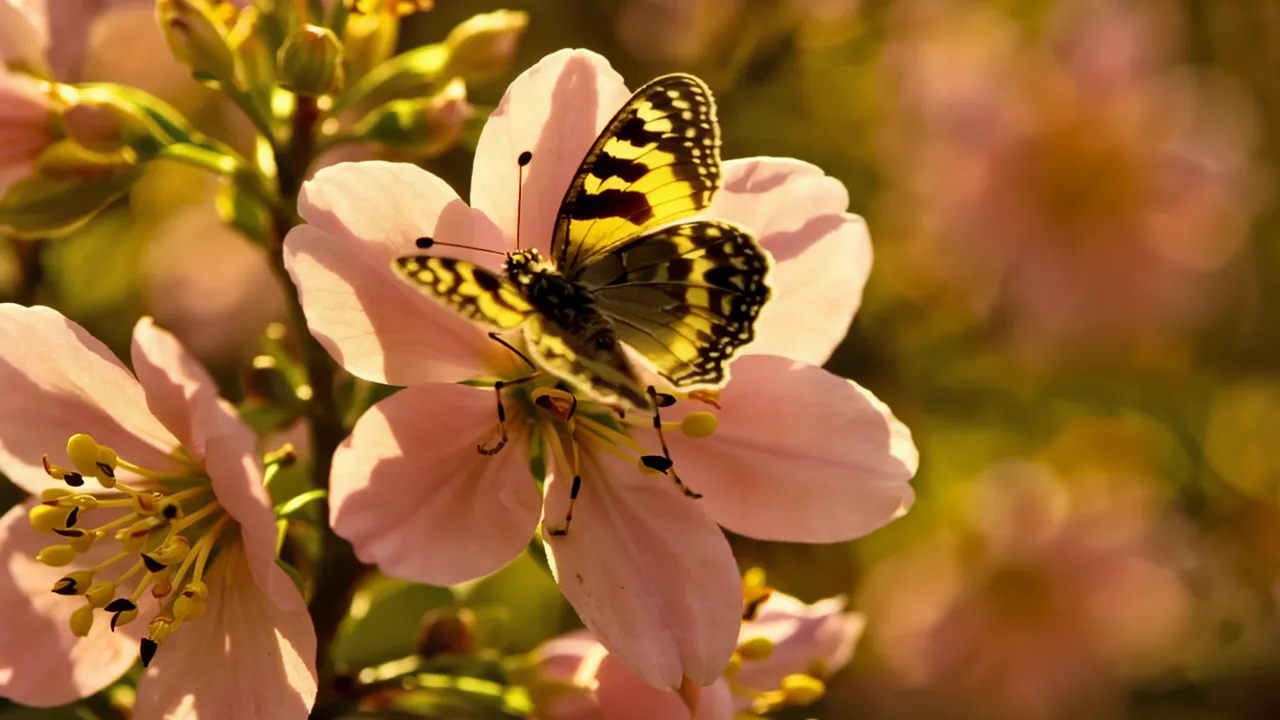 Macro Close-Up of a Cherry Blossom Flower with Butterfly