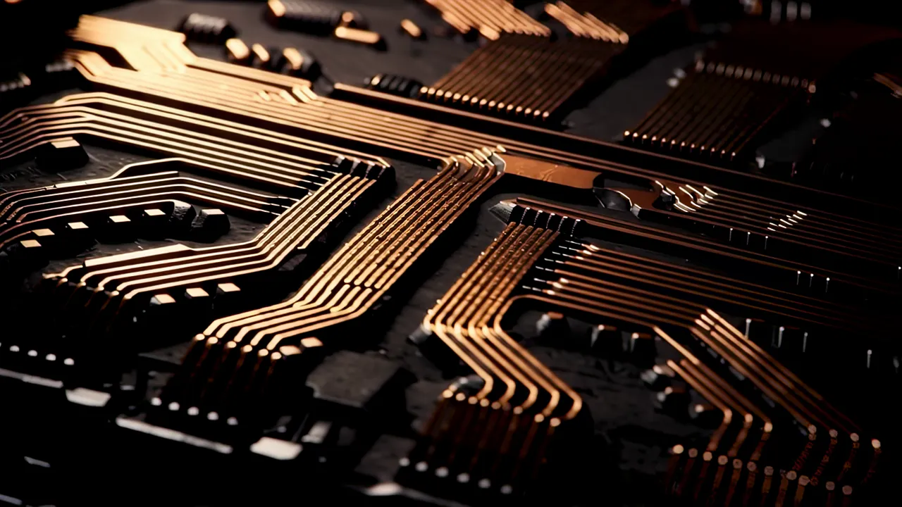 Macro Close-Up of Copper Interconnect Lines on Dark Chip
