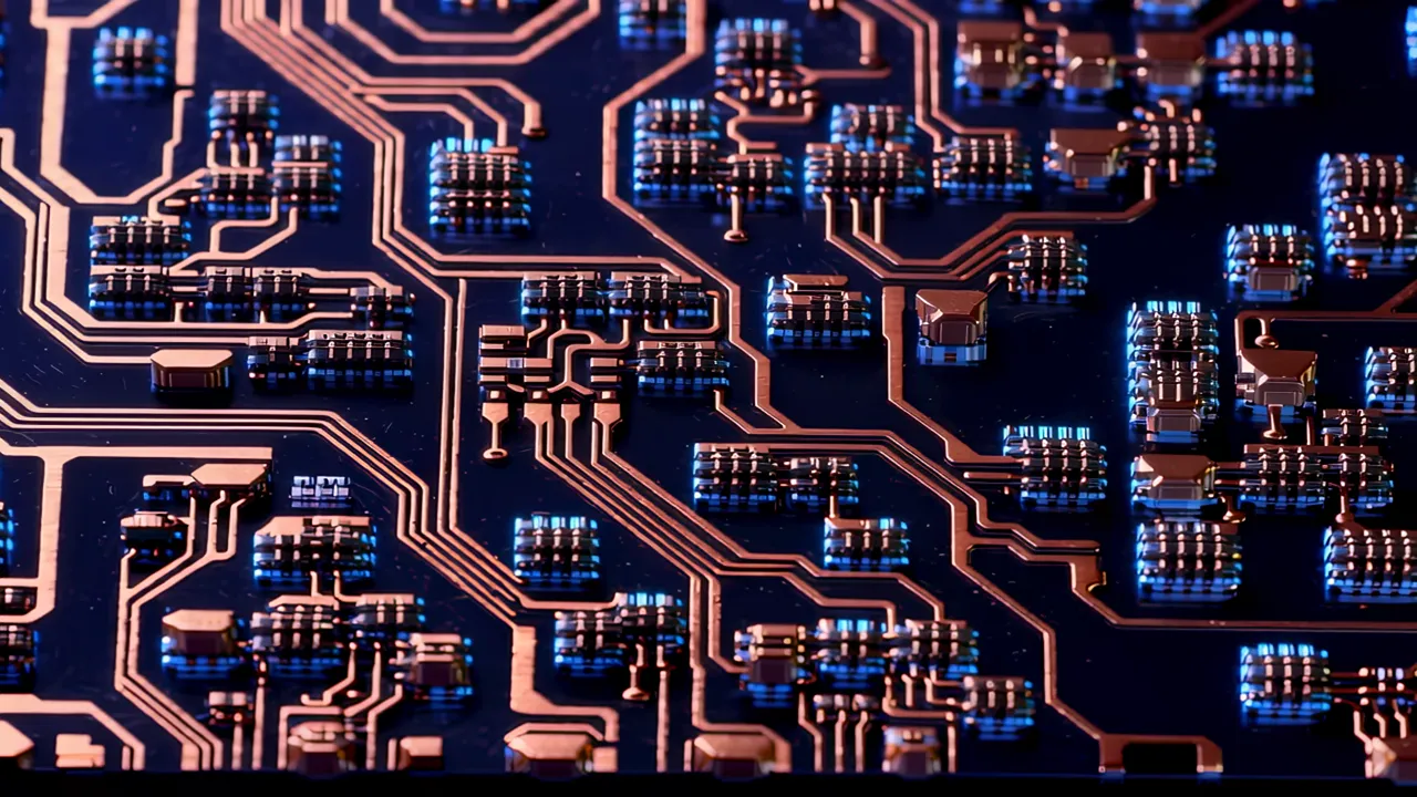 Macro Close-up of Copper Interconnects on Chip Surface