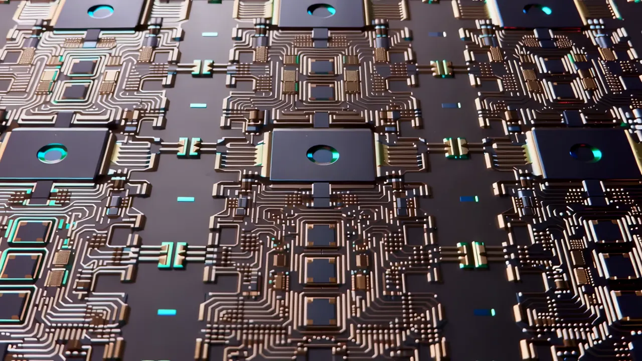 Macro Close-Up of Silicon Wafer Surface with Circuit Patterns