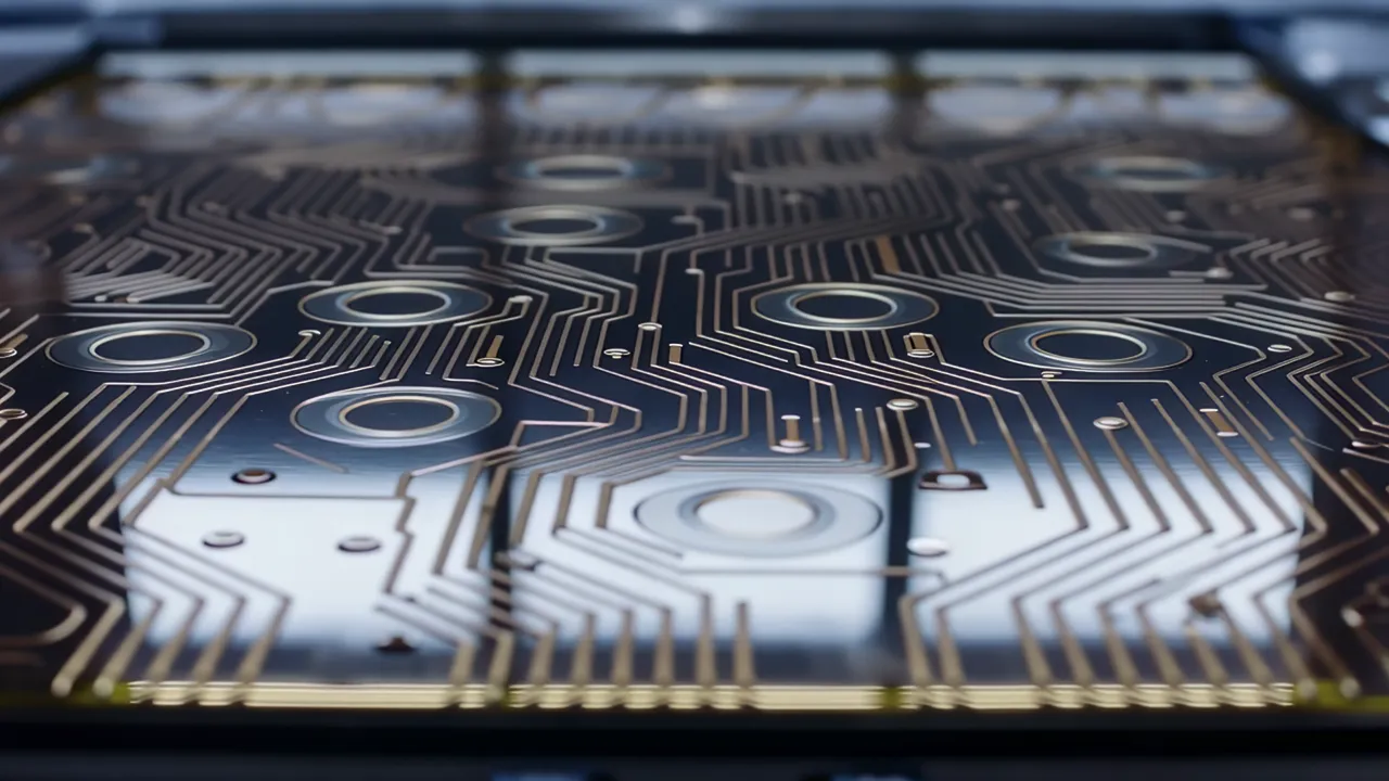 Macro Close-Up of Silicon Wafer Surface with Circuit Patterns