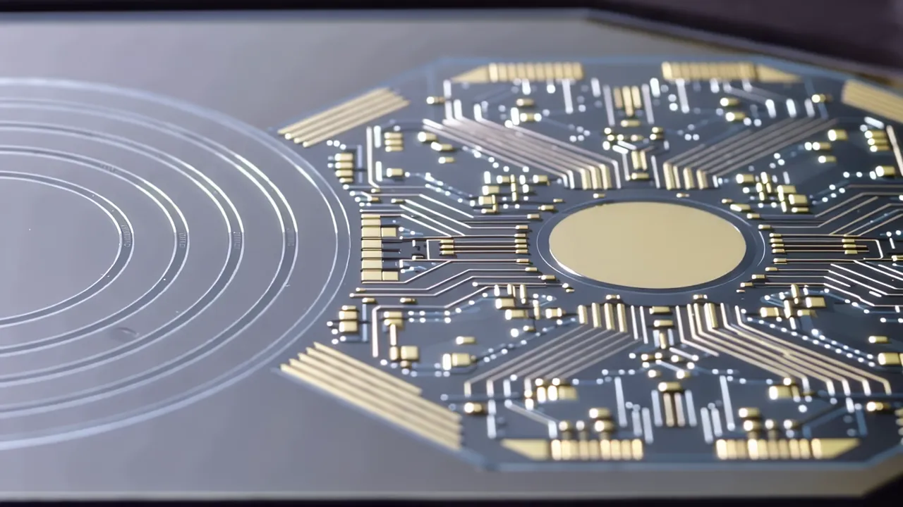 Macro Close-up of Silicon Wafer with Circuit Patterns