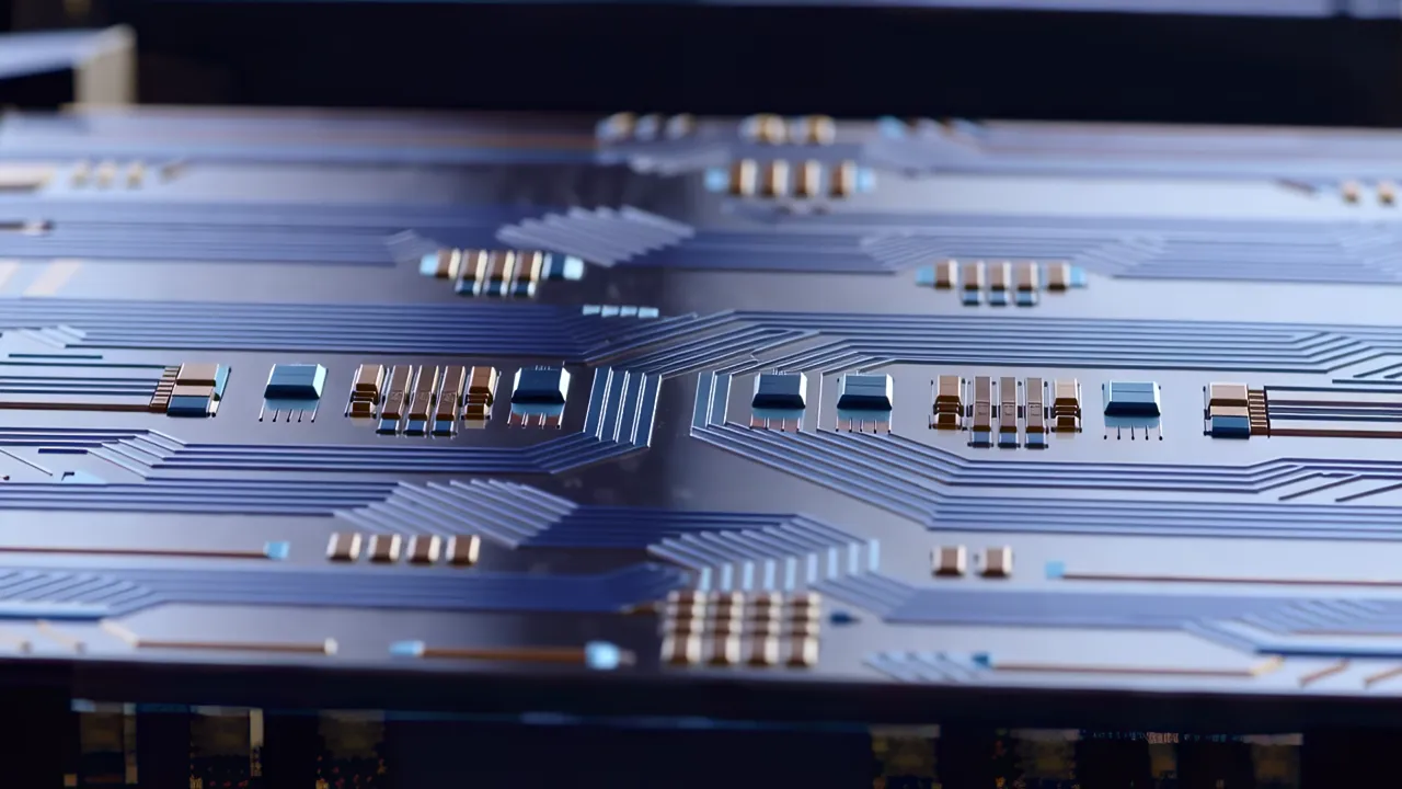 Macro Shot of Circuit Traces on Semiconductor Chip