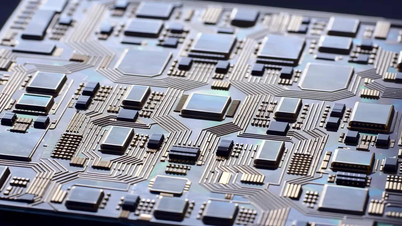 Macro Shot of Microscopic Circuit Traces on Semiconductor Chip