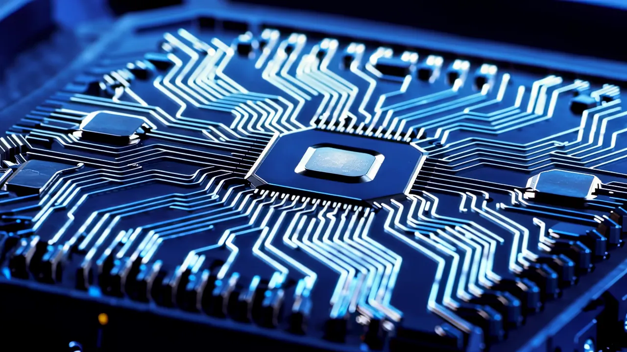 Macro View of Glowing Circuit Traces on Dark Chip Surface