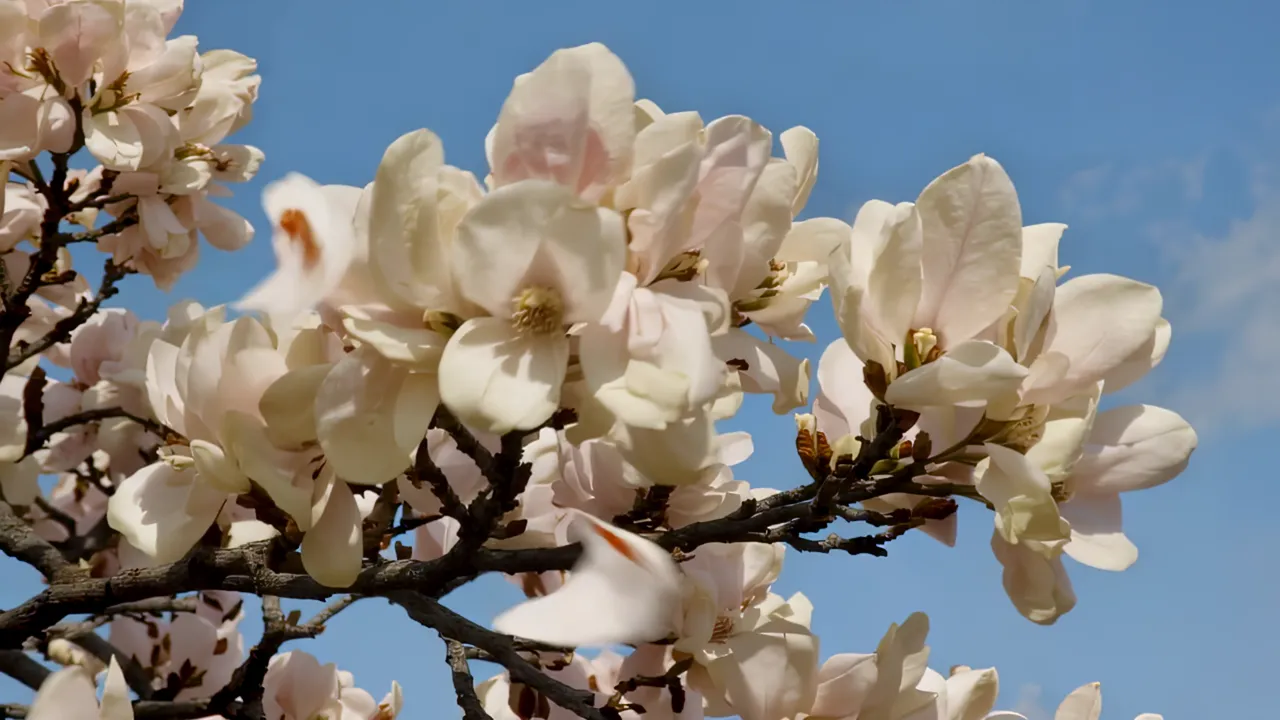 Magnolia Tree Blooming with White Flowers Against Blue Sky