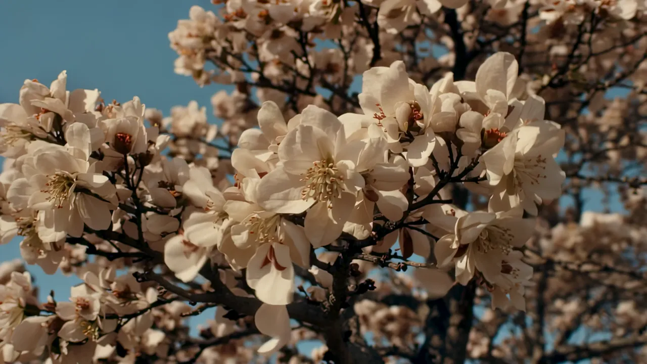 Magnolia Tree in Full Bloom with Falling Petals
