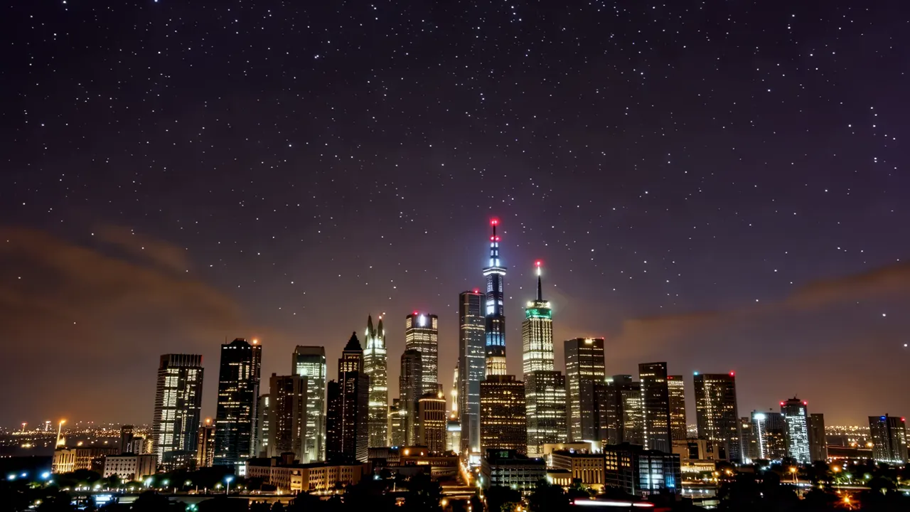 Metropolitan Skyline at Sunset with Starry Sky