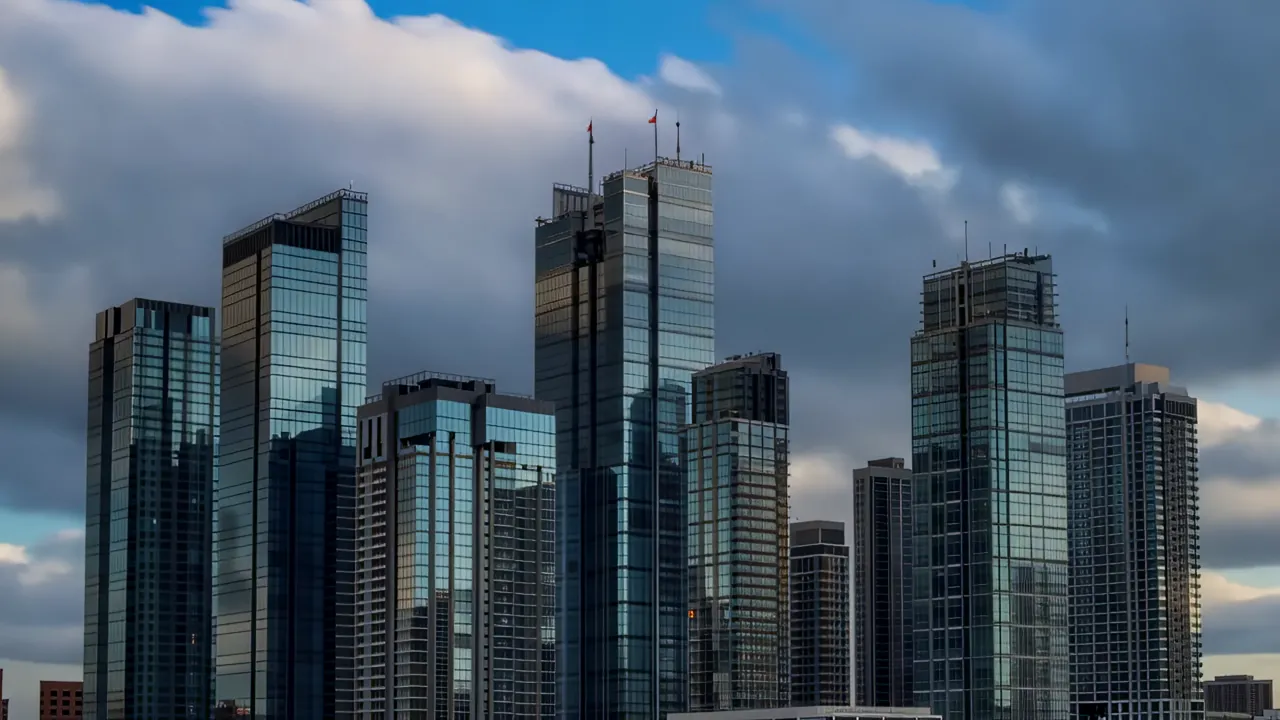 Modern Glass and Steel Office Towers at Sunset