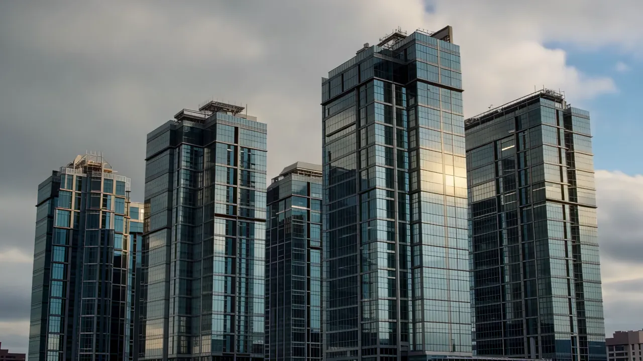 Modern Glass Office Towers Against Cloudy Sky