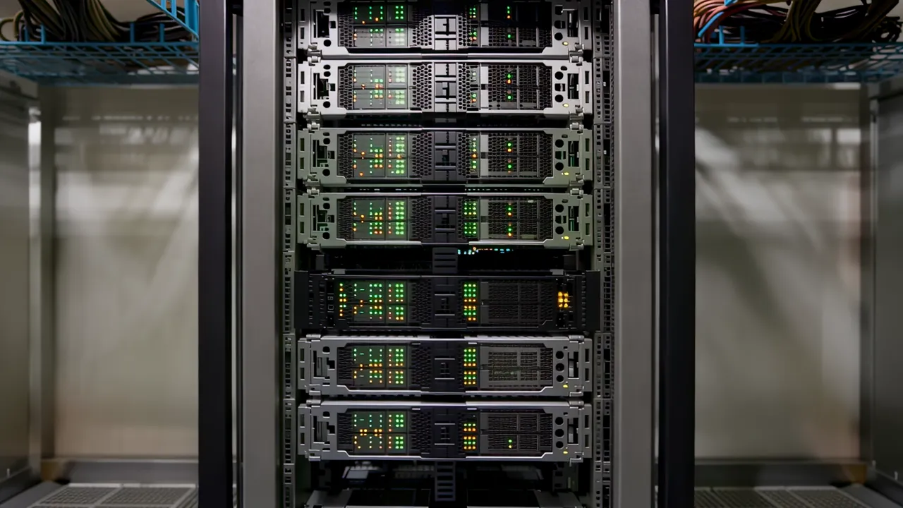Modern Server Room Corridor with Equipment and Cables
