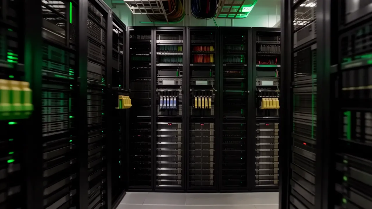 Modern Server Room Corridor with Networking Equipment