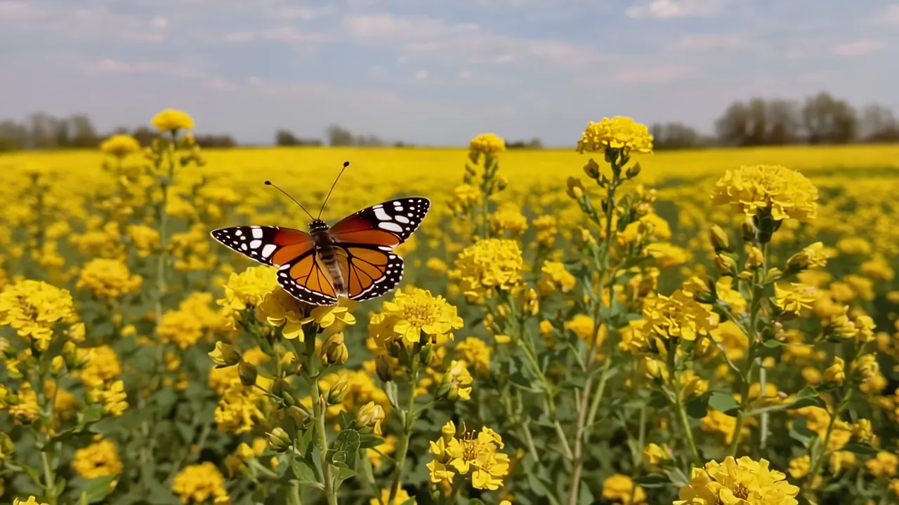 Monarch Butterfly on Yellow Rapeseed Flowers in Bloom