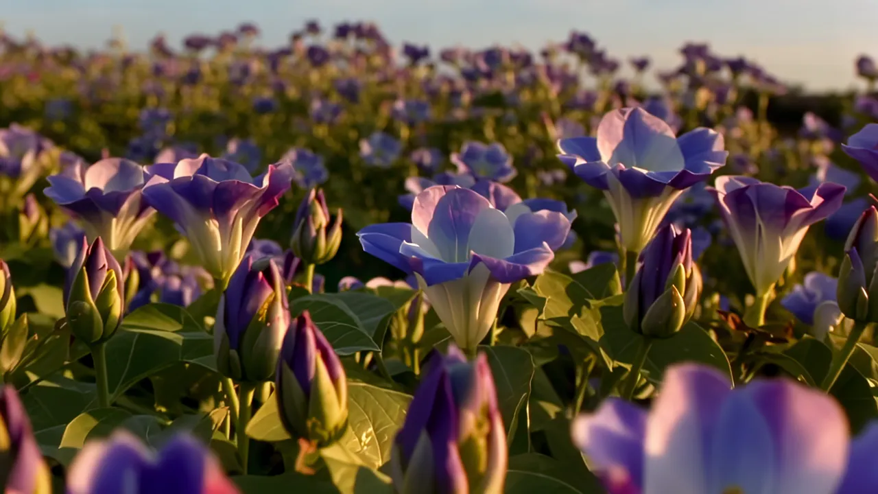 Morning Glory Flowers Opening in Early Light