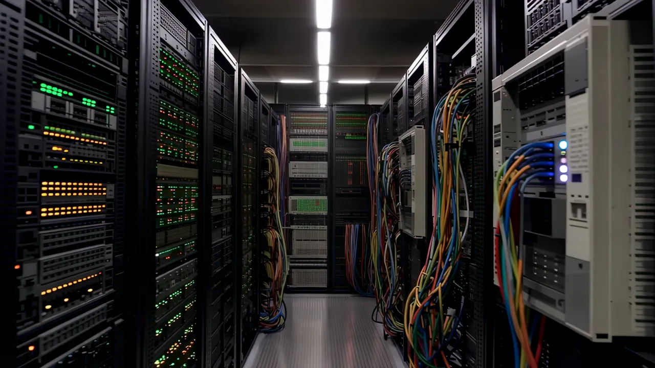 Narrow Aisle Among Tall Server Racks in Data Center