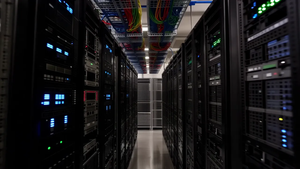 Narrow Aisle Between Server Racks in Data Center