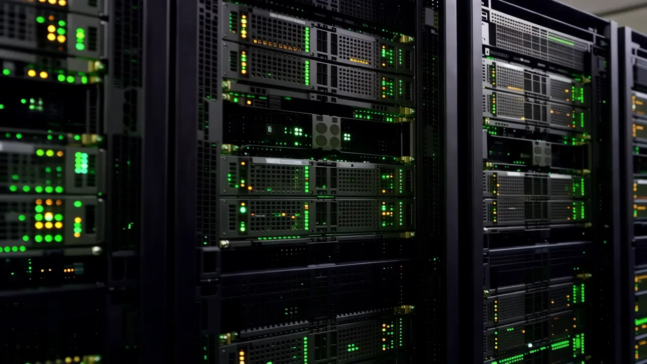 Narrow Aisle in a Dimly Lit Data Center with Server Racks