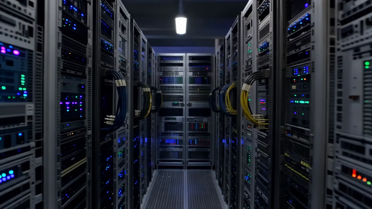 Narrow Aisle in a Dimly Lit Data Center with Server Racks