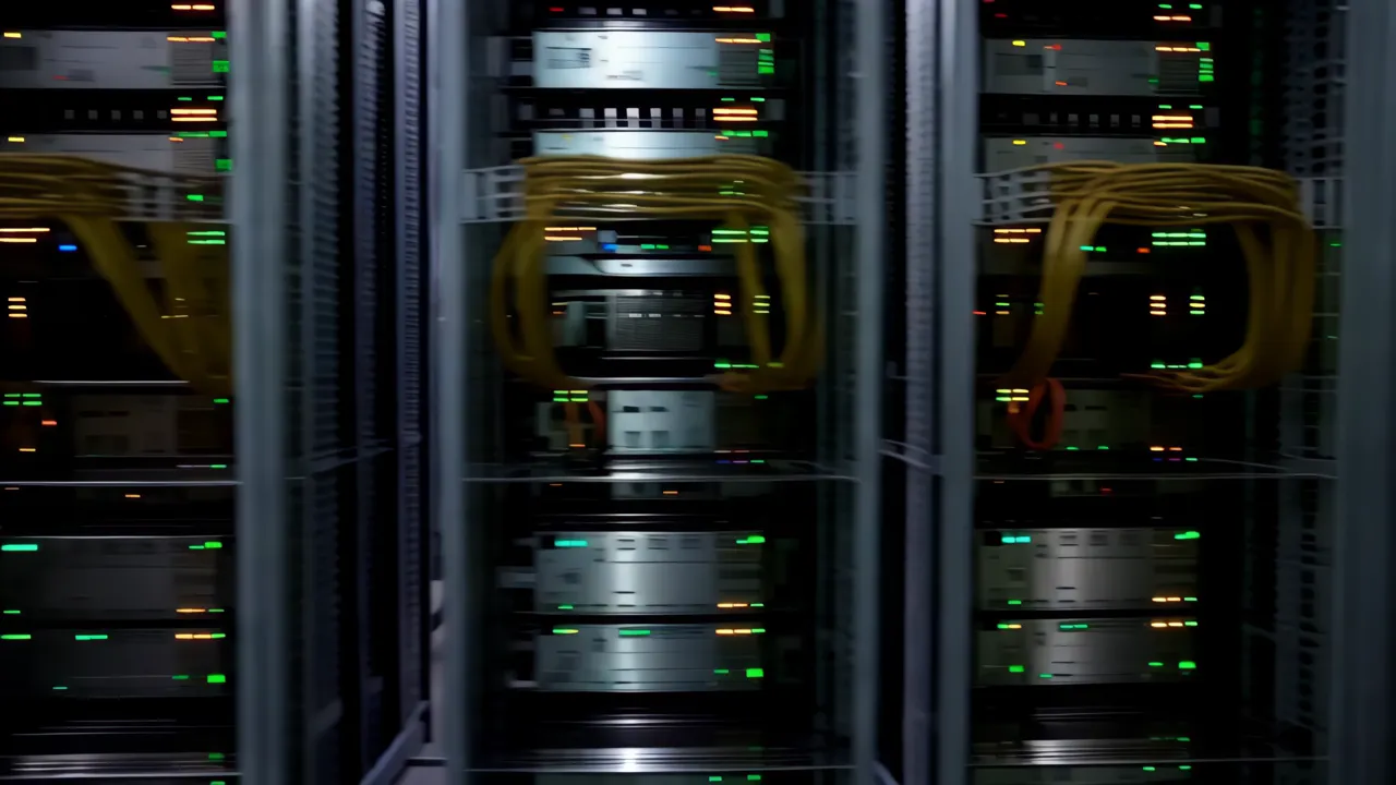 Narrow Aisle in a Dimly Lit Data Center with Server Racks