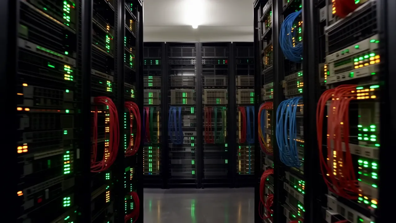 Narrow Aisle in a Dimly Lit Data Center with Server Racks