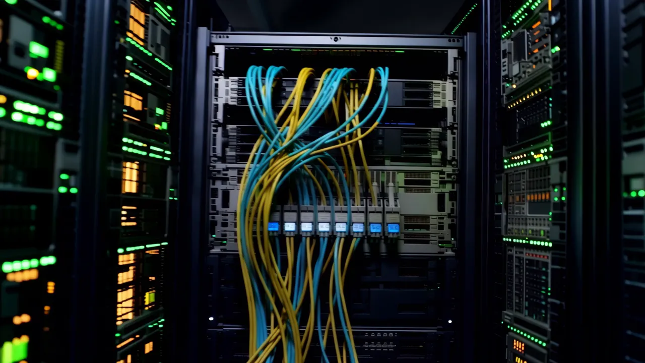 Narrow Aisle in Dimly Lit Data Center with Server Racks