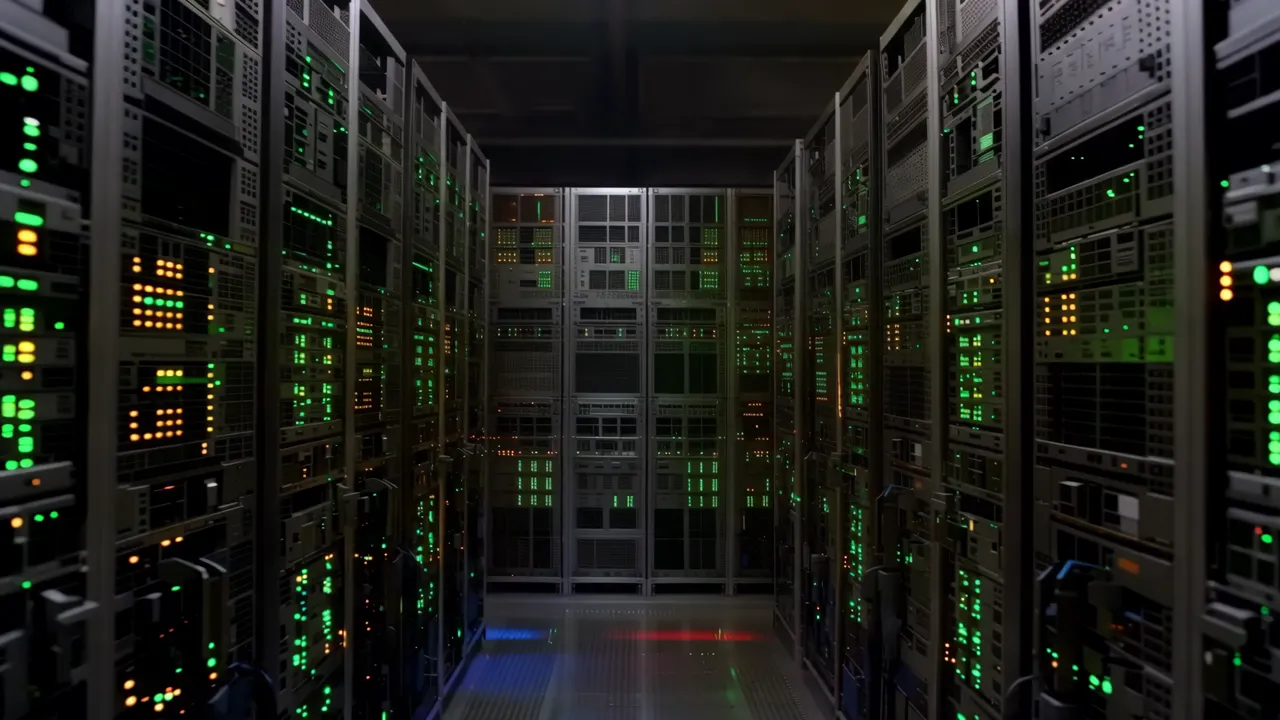 Narrow Aisle in Dimly Lit Data Center with Server Racks